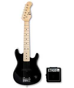 30 inch half size electric guitar in black. Single coil pick up. Gloss black finish. Includes 10 wat
