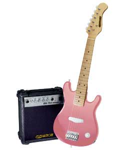 30in half size electric guitar in pink. Maple fretboard.1 single coil pickup. Volume control.Steel s