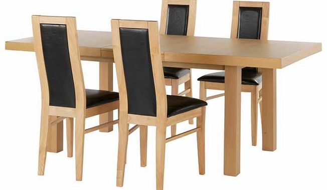 Give your dining room a fresh. modern look with this table and chairs from the Ella collection. This table comes with an integral extension that adds 45cm to the length. and 4 chairs with solid wood frames and leather effect seat pads and back rests.