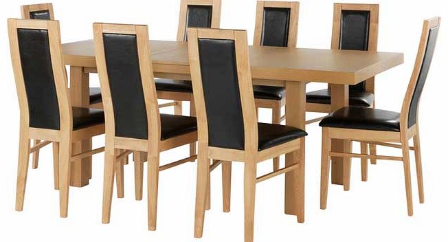 Dine in style with this extendable dining table and chairs from the Ella collection. This attractive wood effect table comes with an integral extension that adds 45cm to the table. and the 8 chairs have solid wood frames with leather effect seat pads