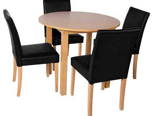 Great value for money. the Elmdon dining set consists of a smart oak effect circular table and 4 co-ordinating chairs upholstered in black leather effect fabric. Creates a fresh modern look for your dining area. Part of the Elmdon collection. Table: 