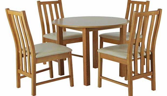 Part of the Elton collection. Table: Size H75cm. Diameter 90cm. Oak effect table. Chairs: 4 chairs. Size of each chair H96. W46. D53cm. Pine frame. Packed flat. EAN: 3496439.