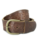 Soft leather belt with ornate embossed swirl design and metal buckle. 100 leather.