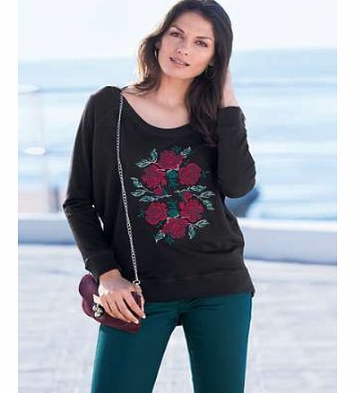 Comfortable sweatshirt in loop back fleece with pretty embroidered detail on the front. Features a shaped hemline which is shorter at the front. Front embroidered Washable 100% Cotton Back length approx. 75 cm (30 ins)