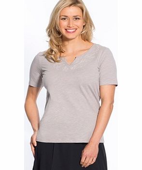 Embroidered T-shirt with Jellabah Neckline. Youll love wearing this chic, easy to wear short-sleeved T-shirt as its perfect for any occasion. It has delicate trim at the neckline accentuated by satin embroidery. 100% cotton slub. Easy care machine wa