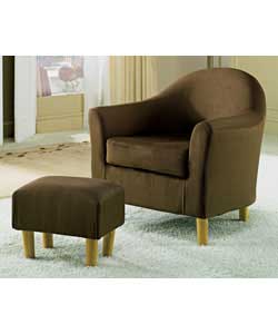 Classic round back tub chair with stool. Upholstered in soft faux suede. Foam seat cushion and solid