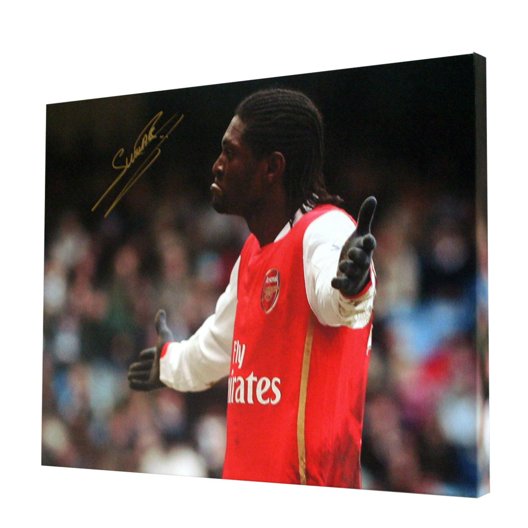 This canvas shows Adebayor celebrating after scoring for Arsenal against Manchester City. In a pose 