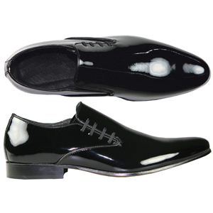 A modern patent loafer from Jones Bootmaker. Features stylish lacing to the side, long elongated toe