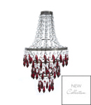 A sparkling non-electric ceiling pendant suspending a mixture of clear and cranberry droplets. For u
