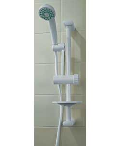 Stays on taps, switches from bath to shower as required. Extending arm to bring shower closer.Comple