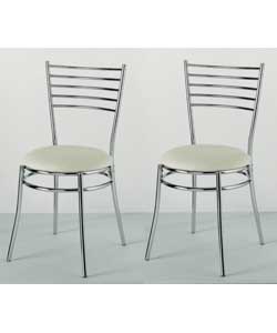 Pair of Eydon dining chairs with chrome metal frames and a white fabric upholstered seatpad. Size (W