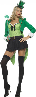 The Adult 2 Piece Clover Leprechaun Costume includes an underwire dress with bow and clover applique