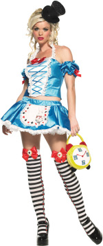 The Adult 2 Piece Fantasy Alice Costume includes an off the shoulder halter top and skirt with rabbi