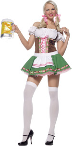 The Adult 2 Piece Gretchen Costume includes a peasant top dress with satin ribbon trim and stockings