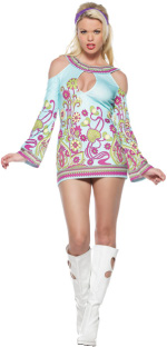 The Adult 2 Piece Groovy GoGo Costume includes a keyhole off the shoulder dress and headband.