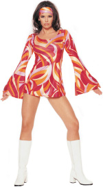 The Adult 2 Piece Retro Swirl Costume includes a swirl bell sleeved mini dress with headband.