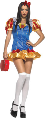 The Adult 2 Piece Snow White Costume includes a dress with satin bow and apple applique and a hair b
