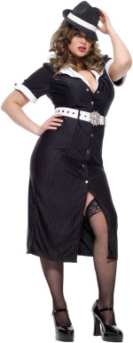 The fuller figure Adult 3 Piece Brass Knuckle Betty Costume includes a dress, belt with dollar sign 