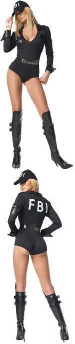 The Adult 3 Piece FBI Costume includes an embroidered cap, zipper front romper and a belt.