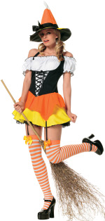 The Adult 3 Piece Kandy Korn Witch Costume includes a hat, peasant top gartered dress and stockings 