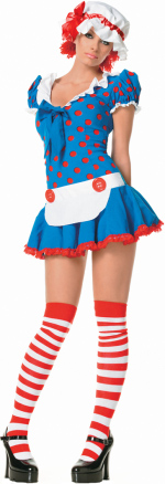The Adult 3 Piece Rag Doll Costume includes a bonnet, polka dot apron dress with built in petticoat 
