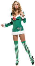 The Adult 3 Piece Snowflake Elf Costume includes a mini dress with plush trim and embroidered snowfl