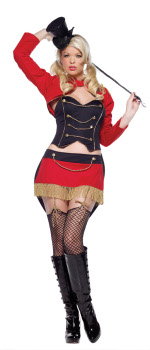 The Adult 4 Piece Daring Lion Tamer Costume includes a corset with tuxedo tails, garter skirt, jacke