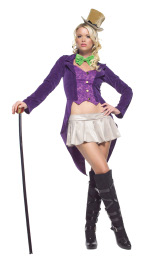 The Adult 4 Piece Magician Costume includes a jacket with tuxedo tails, skirt, bow tie and top hat.