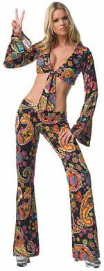 This deluxe sixties style costume includes a tie top and flared trousers.