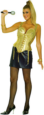 The Adult 80s Pop Star Costume includes a golden coloured corset top with gold ribbon and suspender 