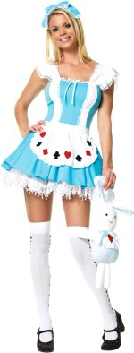 Deluxe 3 piece costume includes headpiece, apron dress and stockings.