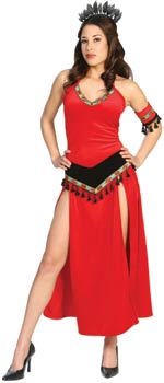 The Adult Aztec Maiden Costume includes a steam velour v-neck halter dress with geometric trim, faux