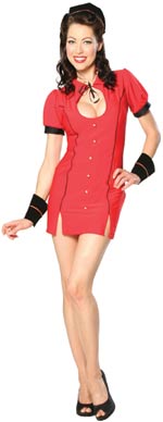 The Adult Belle Hop Bettie Costume includes a fitted mini dress with keyhole ribbon closure and gold