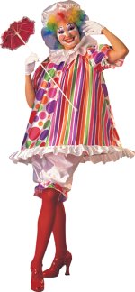 Colourful and fun hooped clown dress with hat, collar and pantaloons.