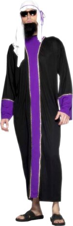 Includes black and purple robe and headdress.
