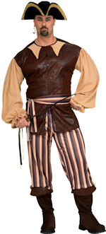 Adult caribbean pirate costume includes tunic, trousers and sash.