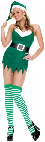 Deluxe elf suit includes cute bell-tipped hat and dress with black belt and green-striped stockings.