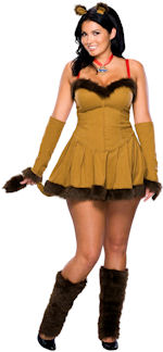 Adult Cowardly Lion costume includes dress, tail, headpiece, medallion, mitts and leg covers.