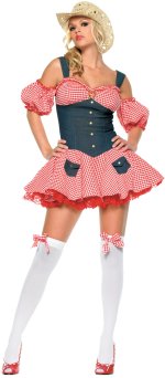 This sexy 2-piece outfit includes peasant-top dress with sequinned applique and gingham bow stocking