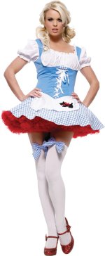 Cute Dorothy Girl costume with peasant-top gingham dress and Toto applique.