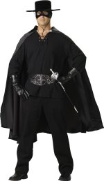 Includes shirt, cape, belt, gloves, hat, mask and sword.