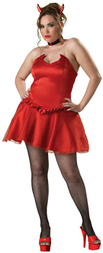Includes one piece stretch satin and organza mini dress, devil horns, choker and tights.