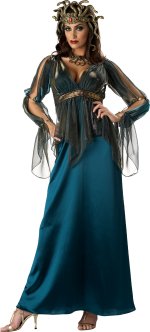 Includes gown with mesh sleeves, snake headpiece and matching necklace.