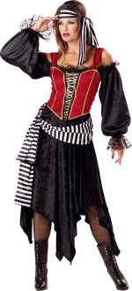 Includes dress trimmed with lace, lace up gold trimmed corset, striped waist sash and bandana.