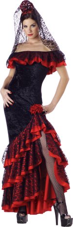 Includes dress with lace and satin ruffles, headpiece with veil and fishnet tights.