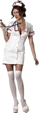 Includes satin mini dress, hat, thigh high stockings and toy stethoscope.