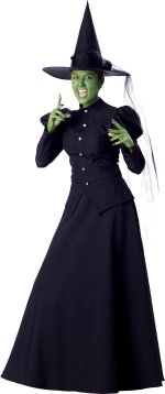 Includes full length dress, petticoat, hat with sash and stick on black fingernails.