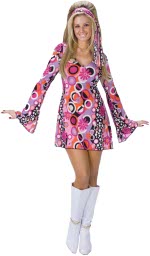 Feeling Groovy costume includes hippie dress with bell draped sleeves and matching headband.