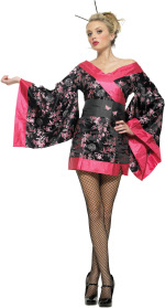 The Adult Geisha Girl Costume includes a short kimono dress with obi and pillow.