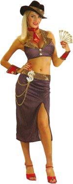 Includes hat, choker tie, halter top, skirt with attached dollar chain, and wrist cuffs.